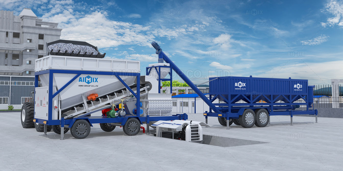 AJSY35 mini mobile batch plant with cement silo and simpler hopper and concrete pump